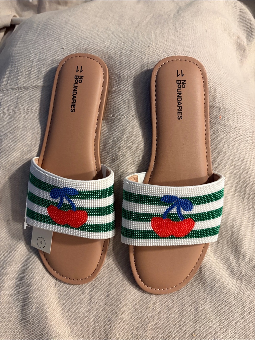 No Boundaries Green White Red Cherry Stripe Slide Sandals